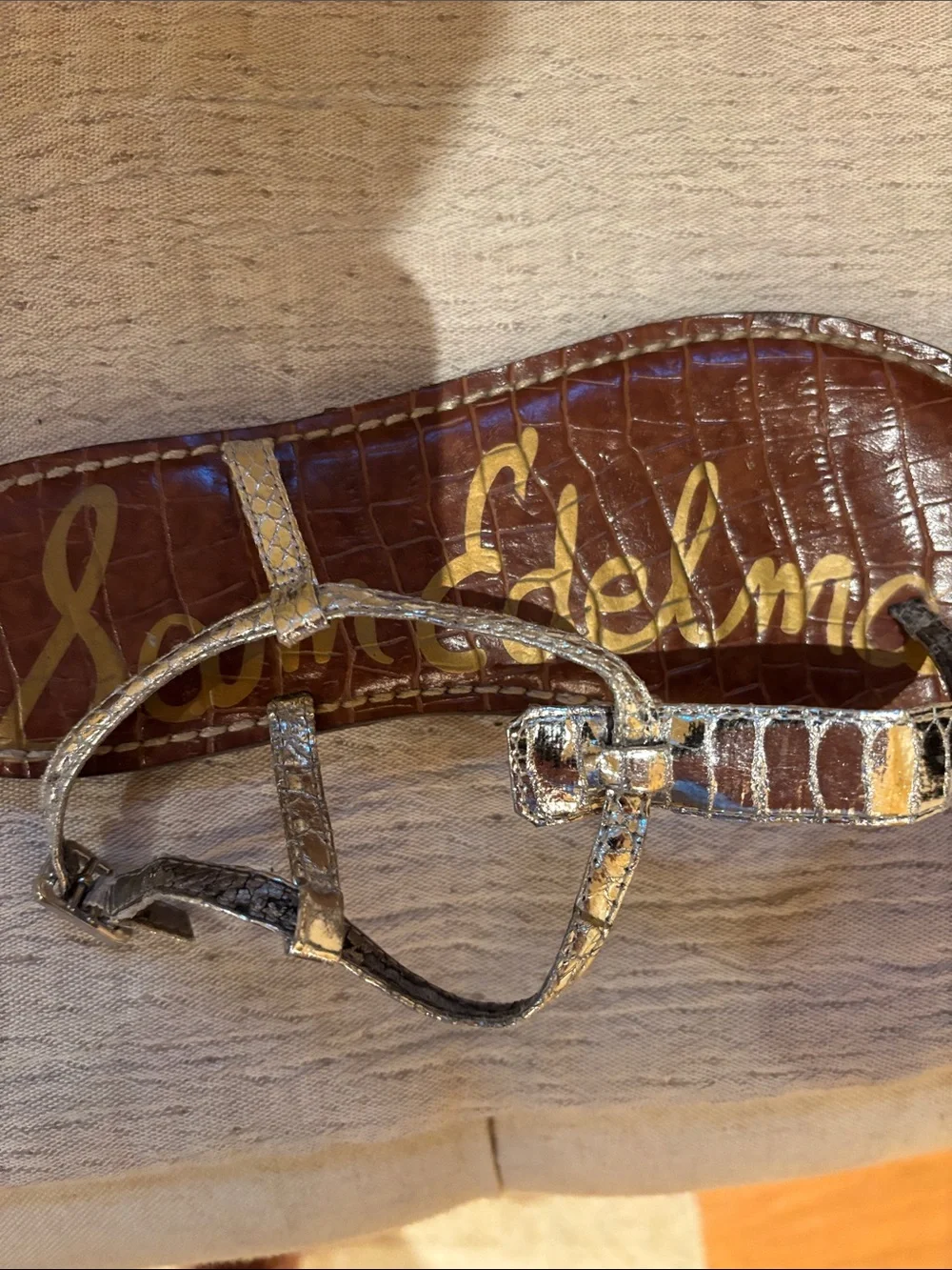 Sam Edelman Metallic Silver Croc-Embossed Thong Sandals